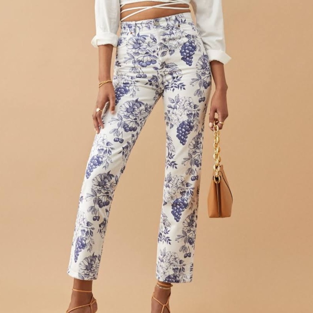 Reformation Cynthia Toile High Rise Straight Cotton Jeans in Monaco